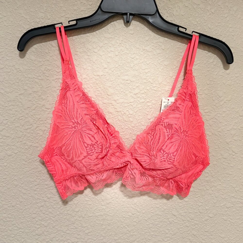Aerie Lace Bralette Size M Pink Floral Lace Wireless Bra Adjustable Straps